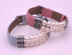 925 Sterling Silver / Leather + Pearl Bracelet (956B) *BLUE*