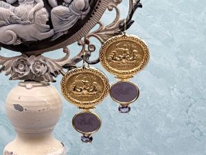 TAGLIAMONTE Designs (SH886E) 14K Venetian Cameo Earrings*Amethyst *Poseidon,Chimera* Reg.$1800
