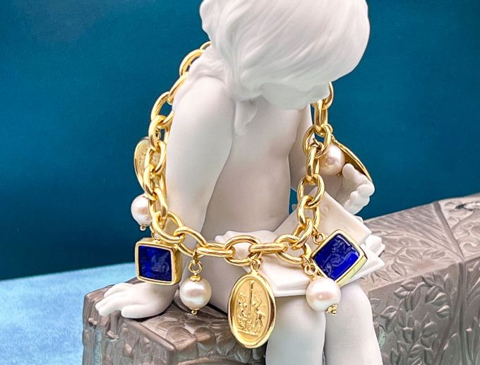 TAGLIAMONTE Designs (SH518B-Cobalt) 925SS/YGP Venetian Intaglio Charm Bracelet *Pegasus,Lion*Reg.$350