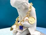 TAGLIAMONTE Designs (SH518B-Cobalt) 925SS/YGP Venetian Intaglio Charm Bracelet *Pegasus,Lion*Reg.$350