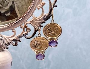 TAGLIAMONTE Designs (OR164) 925SS/ YGP Cameo Earrings w/ Amethyst *Hercules*Reg.$160