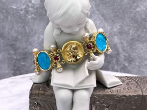 TAGLIAMONTE Designs (HQ21117) 925SS/YGP Magnesite Cameo Bracelet with *Rubies + Pearls*Mercury, Roman Coin*Reg.$500