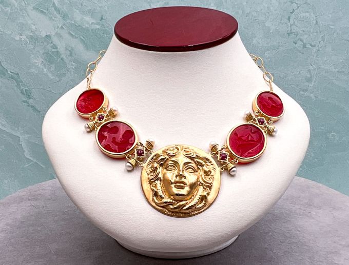 TAGLIAMONTE Designs (SH446-Red) 18K Cameo Necklace with *Rubies, Pearls*Medusa*Reg.$7500