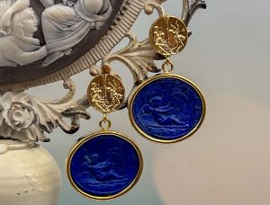 TAGLIAMONTE Designs (PN2679E) 925SS/YGP Lapis Cameo Earrings *Cupid*Reg.$300