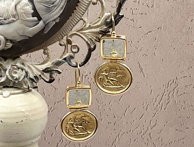 TAGLIAMONTE Designs (1962-A) 925SS/YGP Venetian Intaglio Earrings*Hercules,Pegasus*Reg.$200