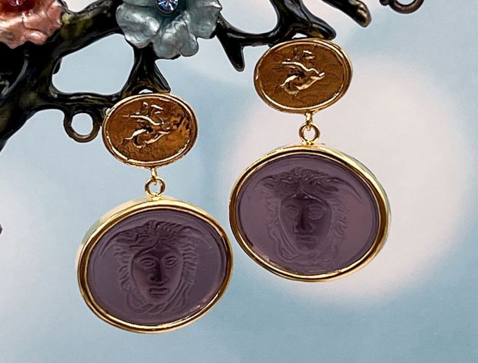 TAGLIAMONTE Designs (2081E) 925SS/YGP Venetian Cameo Earrings *Medusa, Pegasus*Reg.$280