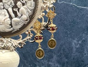 TAGLIAMONTE Designs (SH273-Amber) 925SS/YGP + Venetian Cameo Earrings W/ Garnet Beads*Reg.$250