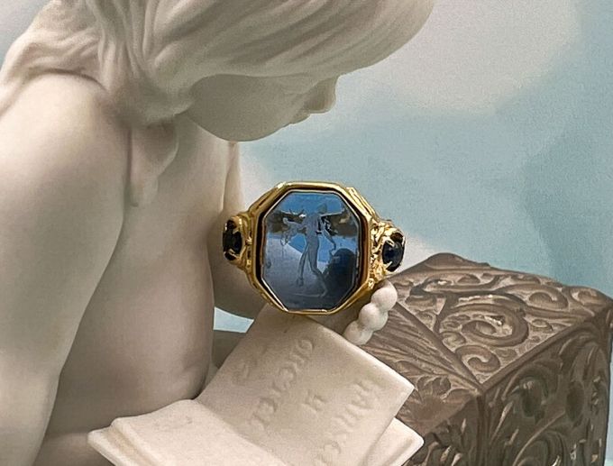 TAGLIAMONTE (1984R) 925SS/YGP Venetian Intaglio Ring*Sapphires *Maened*Reg.$200