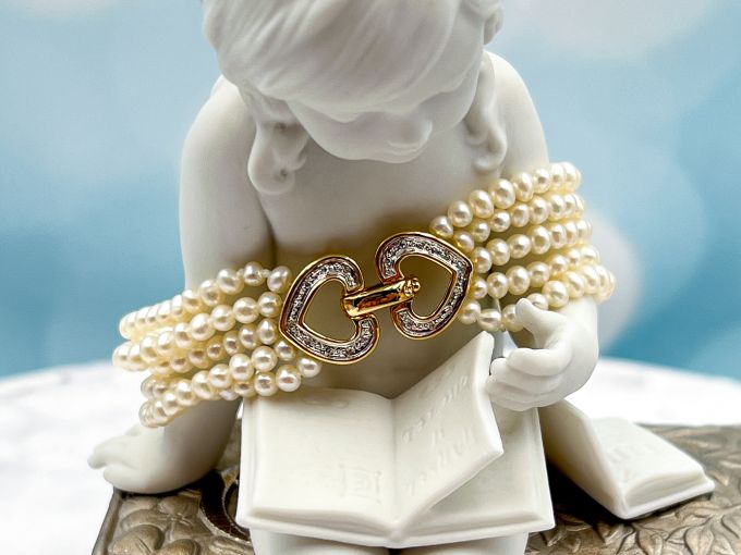 (TAG-LD4007B) 14K Yellow Gold Multi Strand Pearl and Diamond Bracelet *Reg.$575