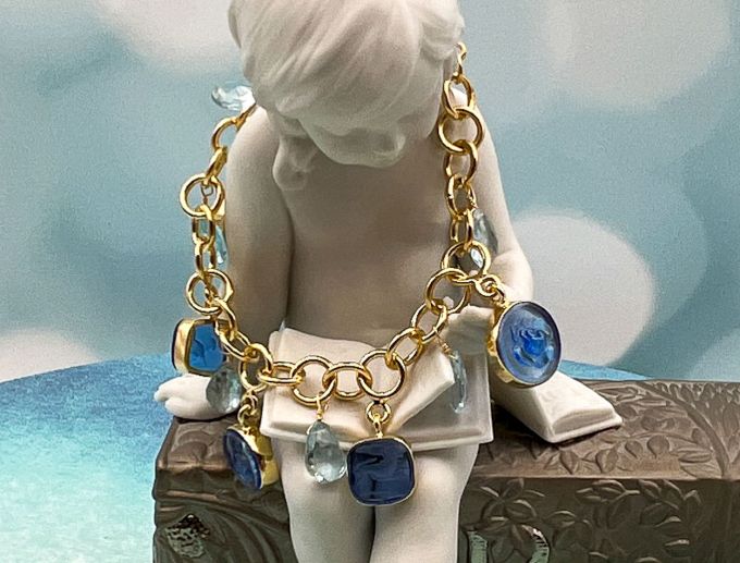 TAGLIAMONTE Designs (1993B) 925SS/YGP Venetian Charm Cameo Bracelet *Blue Topaz*Reg.$350