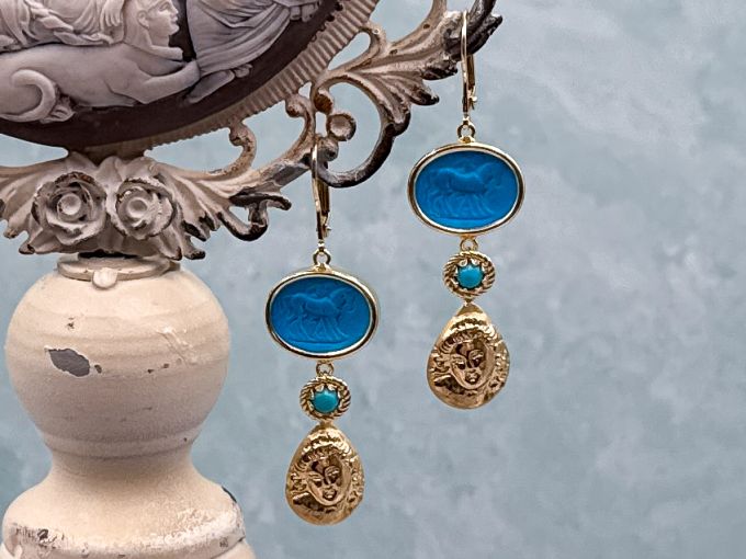 TAGLIAMONTE Designs (2326EB) 925SS/YGP Magnesite Cameo Double Drop Earrings*Reg.$200