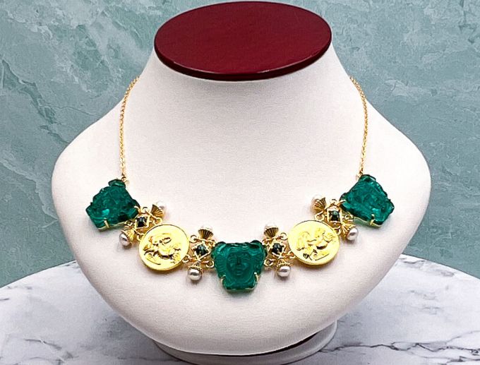 TAGLIAMONTE Designs (COL028) 925SS/YGP Venetian Cameo Necklace with *Malachite,Pearls*Medusa, Aurora*Reg.$650