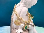 TAGLIAMONTE Designs (SH518B-Green) 925SS/YGP Venetian Intaglio Charm Bracelet *Lions*Reg.$350