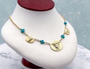 TAGLIAMONTE Designs (1782) 925SS/YGP Cameo Necklace w/ Turquoise*Medusa*Reg.$450