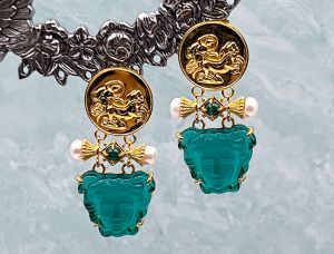 TAGLIAMONTE Designs (2194E) 925SS/YGP Venetian Cameo Earrings with *Malachite, Pearls*Medusa, Aurora*Reg.$425