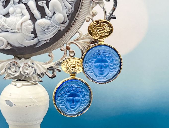 TAGLIAMONTE Designs (PN2686E) 925SS/YGP Venetian Cameo Earrings *Medusa, Pegasus*Reg.$280