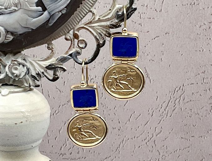 TAGLIAMONTE Designs (1959-C) 925SS/YGP Venetian Intaglio Earrings*Hercules,Pegasus*Reg.$200