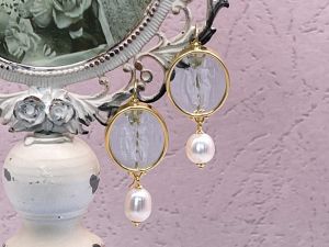 TAGLIAMONTE DESIGNS (RW100) 925SS/ YGP Venetian Cameo + Pearl Earrings *Antiope + Theseus*