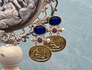 TAGLIAMONTE Designs (SH215-Lapis) 18K Venetian Cameo Earrings w/ Pearls *Reg.$2600