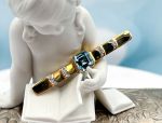 (LD1088) 14K Gold Bar Pin*Blue Topaz*Diamonds*Reg.$1500