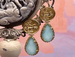 TAGLIAMONTE Designs (SH186-Amazonite) 925SS/ YGP Cameo Earrings w/ Amazonite *Aurora w Chariot*Reg.$280