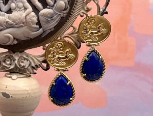 TAGLIAMONTE Designs (SH186-Lapis) 925SS/ YGP Cameo Earrings w/ Lapis *Aurora w Chariot*Reg.$280