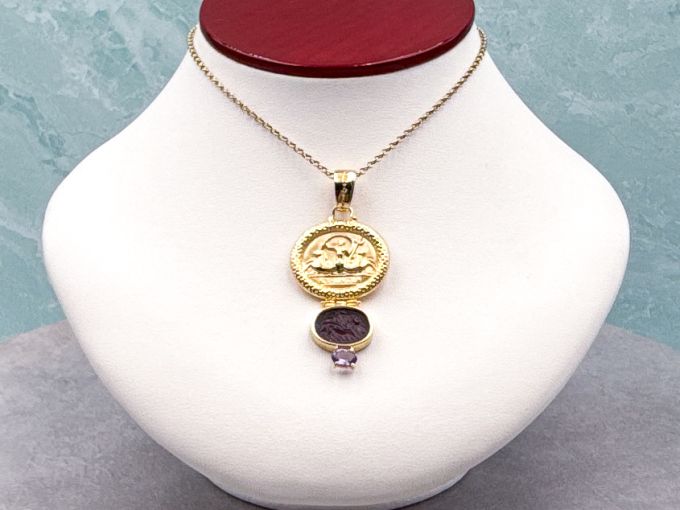 TAGLIAMONTE Designs (SH893P) 14K Venetian Cameo Pendant*Amethyst *Poseidon,Chimera* Reg.$1600