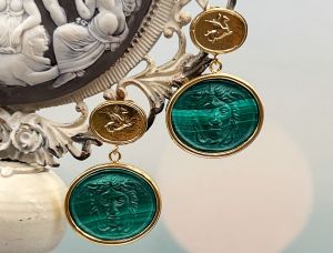 TAGLIAMONTE Designs (PN2677E) 925SS/YGP Malachite Cameo Earrings *Medusa, Pegasus*Reg.$280