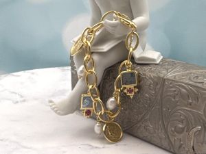 TAGLIAMONTE Designs (SH309B-Blue) 925SS/YGP Venetian Intaglio Charm Bracelet *Androcle,Lion*Reg.$350