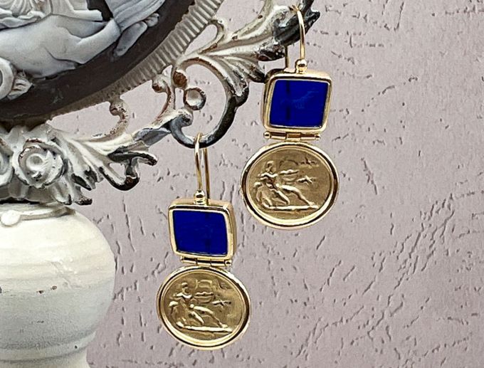 TAGLIAMONTE Designs (1955-C) 925SS/YGP Venetian Intaglio Earrings*Hercules,Lion*Reg.$200