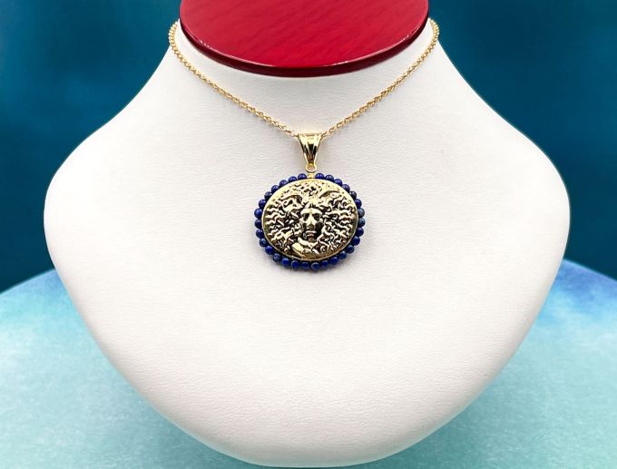 TAGLIAMONTE Designs (2096P) 925SS/YGP Cameo Pendant*Lapis*Medusa*Reg.$180