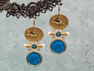 TAGLIAMONTE Designs (2041E) 925SS/YGP Magnesite Cameo Earrings *Pegasus, Athena*Reg.$280