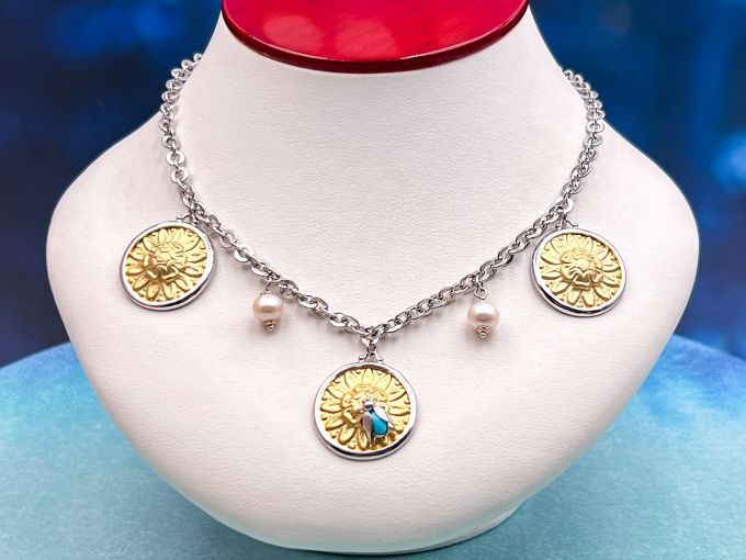 TAGLIAMONTE Designs (SH168) 925SS/Rhod. Plate Cameo Charm Necklace *Sunflower and Bee*Reg.$385