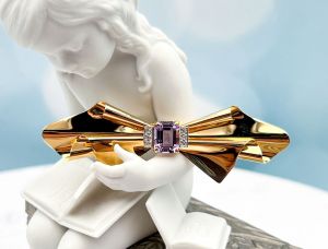 (LD1087) 14K Gold Bow Pin*Amethyst*Diamonds*Reg.$1500