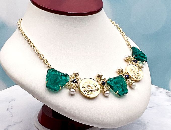 TAGLIAMONTE Designs (1794) 925SS/YGP Venetian Cameo Necklace with *Lapis, Pearls*Medusa, Aurora*Reg.$650