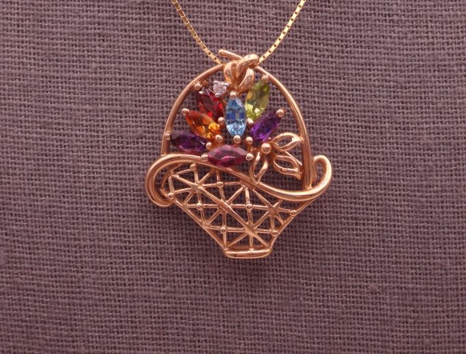 14K Gemstone Basket of Flowers Pin-Pendant with 14K Chain (1124)