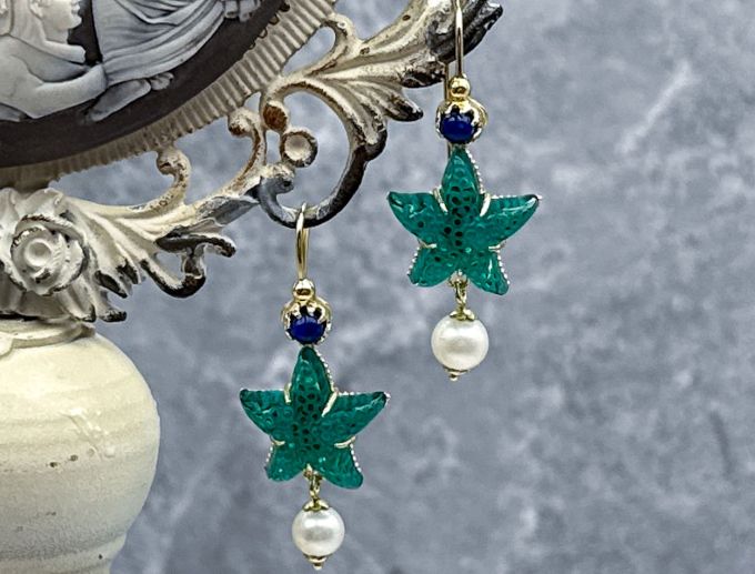 TAGLIAMONTE Designs (SH563-Teal) 925SS/YGP Venetian Cameo Earrings *Sea Life Collection*Reg.$225