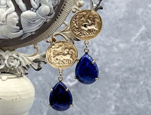 TAGLIAMONTE Designs (SH151E) 925SS/YGP Cameo Drop Earrings w/ Lapis *Aurora w Chariot*Reg.$280