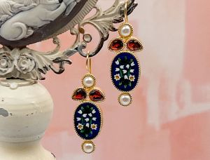TAGLIAMONTE (2089E-Garnet) 925SS/YGP Venetian Micro Mosaic Earrings *Garnet,Pearl*Miosotis*Reg.$280