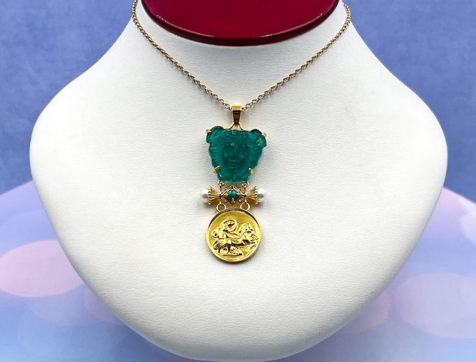 TAGLIAMONTE Designs (2179P) 925SS/YGP Venetian Cameo Pendant *Malachite, Pearls*Medusa, Aurora*Reg.$300