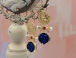 TAGLIAMONTE Designs (2086E) 925SS/YGP Lapis Cameo Earrings *Athena, Chariot*Reg.$280