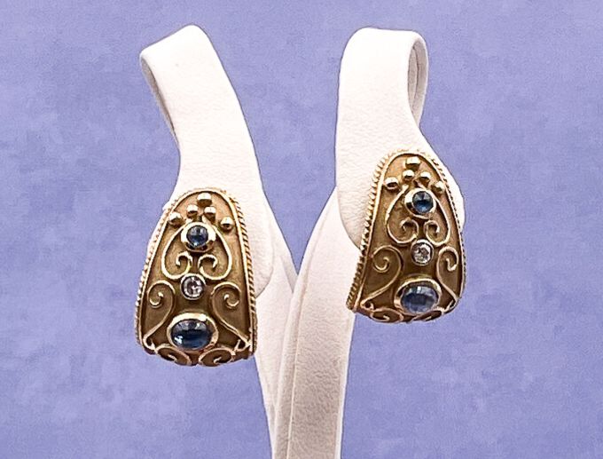 SAMUEL B *BJC* (LD3526) 14K Etruscan Style Earrings*Sapphires, Diamonds *Reg.$1750