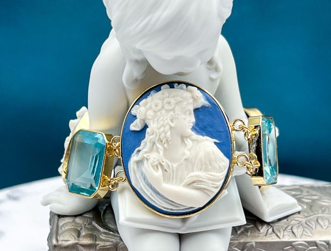 TAGLIAMONTE Designs (PN2725B) 925SS/YGP Porcelain Cameo Bracelet*Bl.Topaz*Bacchus*Reg.$700