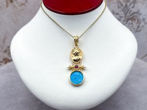 TAGLIAMONTE Designs (1466P-Magn) 925SS/YGP magnesite Cameo Pendant *Roman Coin, Mercury*Reg.$180