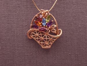 14K Gemstone Basket of Flowers Pin-Pendant with 14K Chain (1124)