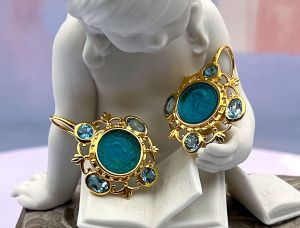 TAGLIAMONTE Designs (2141E) 925SS/YGP Venetian Cameo Earrings*Bl.Topaz*Reg.$280