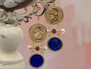 TAGLIAMONTE Designs (2085E) 925SS/YGP Lapis Cameo Earrings *Roman Coin, Apollo*Reg.$280