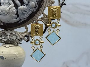 TAGLIAMONTE Designs (2319E) 925/YGP Venetian Cameo Earrings*Aquamarine*Psyche, Amore*Reg.$225