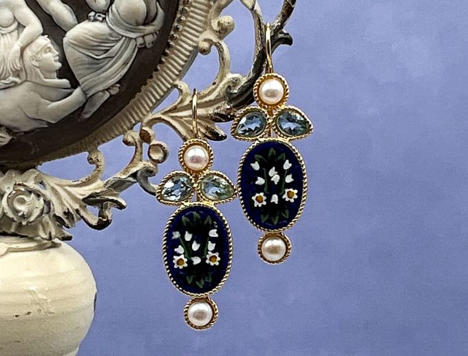 TAGLIAMONTE (1925-BTopaz) 925SS/YGP Venetian Micro Mosaic Earrings *Bl.Topaz,Pearl*Miosotis*Reg.$280