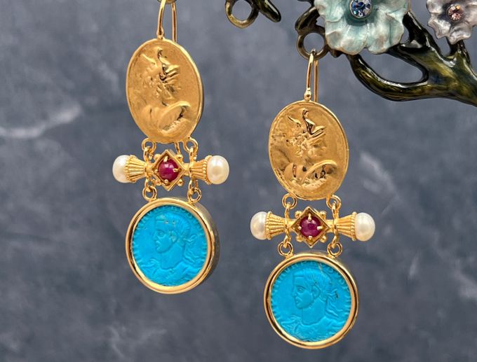 TAGLIAMONTE Designs (2210E) 925SS/YGP Magnesite Cameo Earrings *Roman Coin, Mercury*Reg.$280